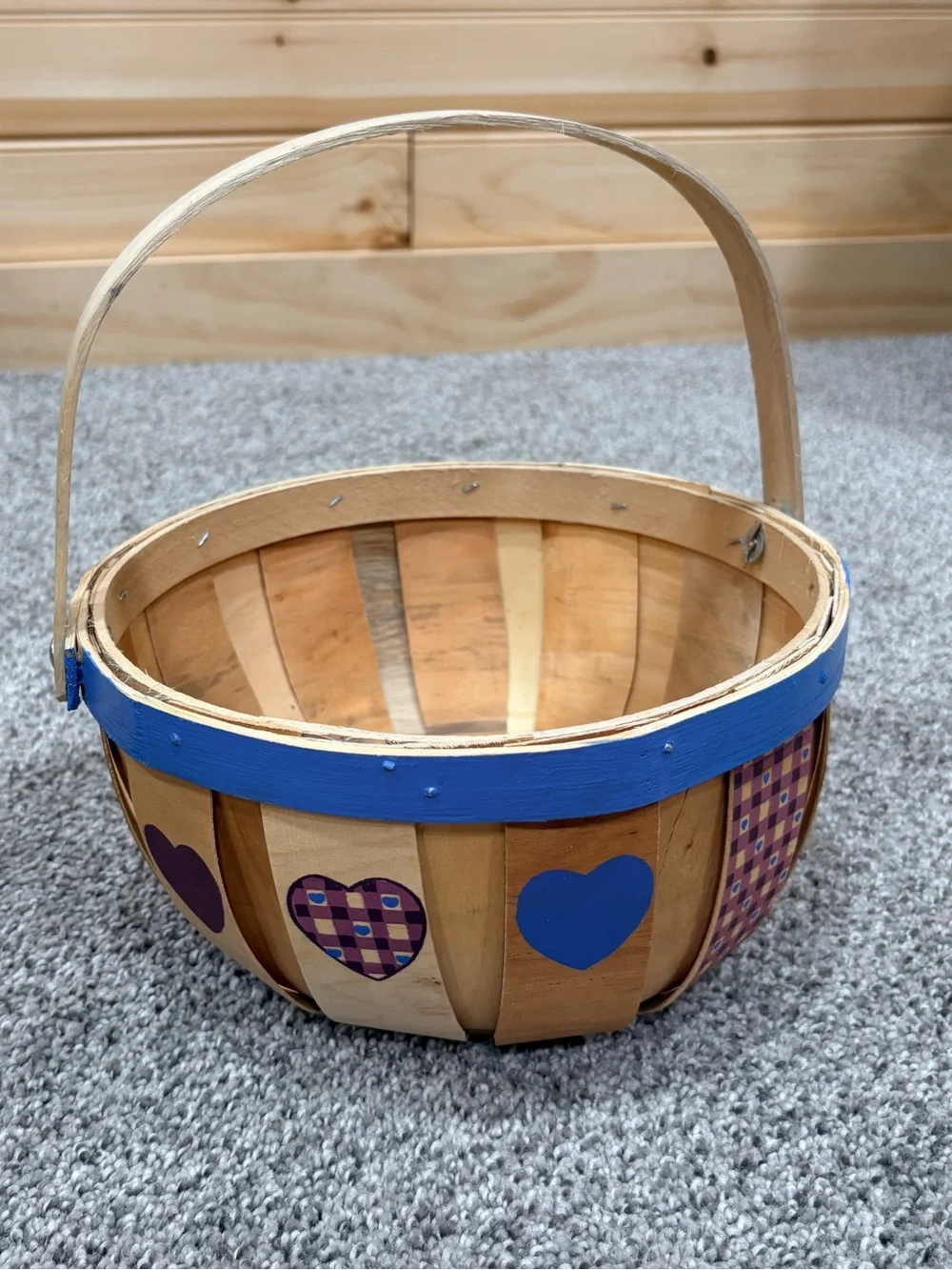 NWT Handcrafted Wooden Heart Basket with Blue Accent